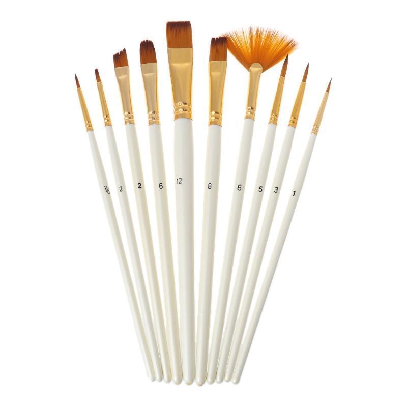 10pcs Nylon Hair Wooden Handle Watercolor Paint Brush Pen Oil Acrylic Painting