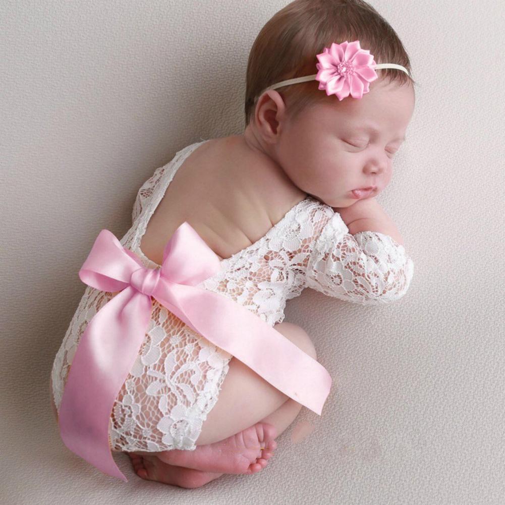 2pcs Newborn Shoot Photography Props Girls Lace Rompers Headband (Pink)