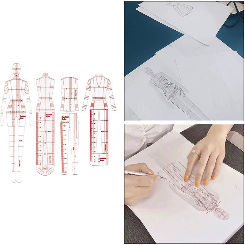 4 Pieces/Set Fashion Illustration Rulers Sketching Ruler Humanoid Pattern Design