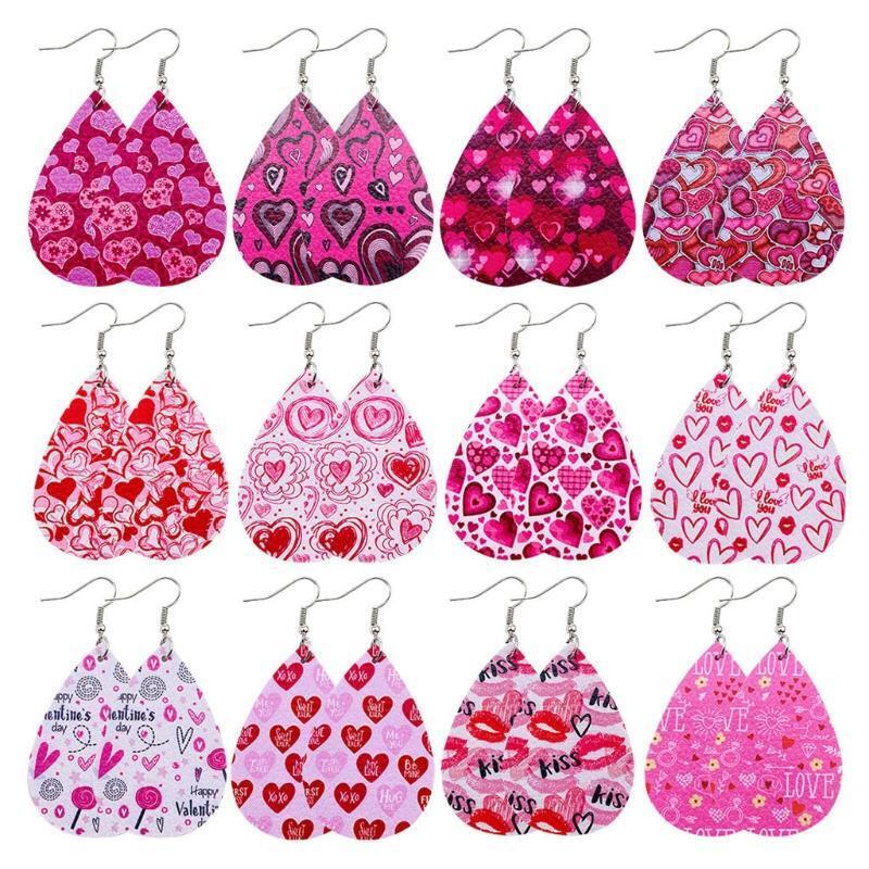 12 Pairs Valentine Day Leather Earrings Women Heart Print Teardrop Earrings Kit