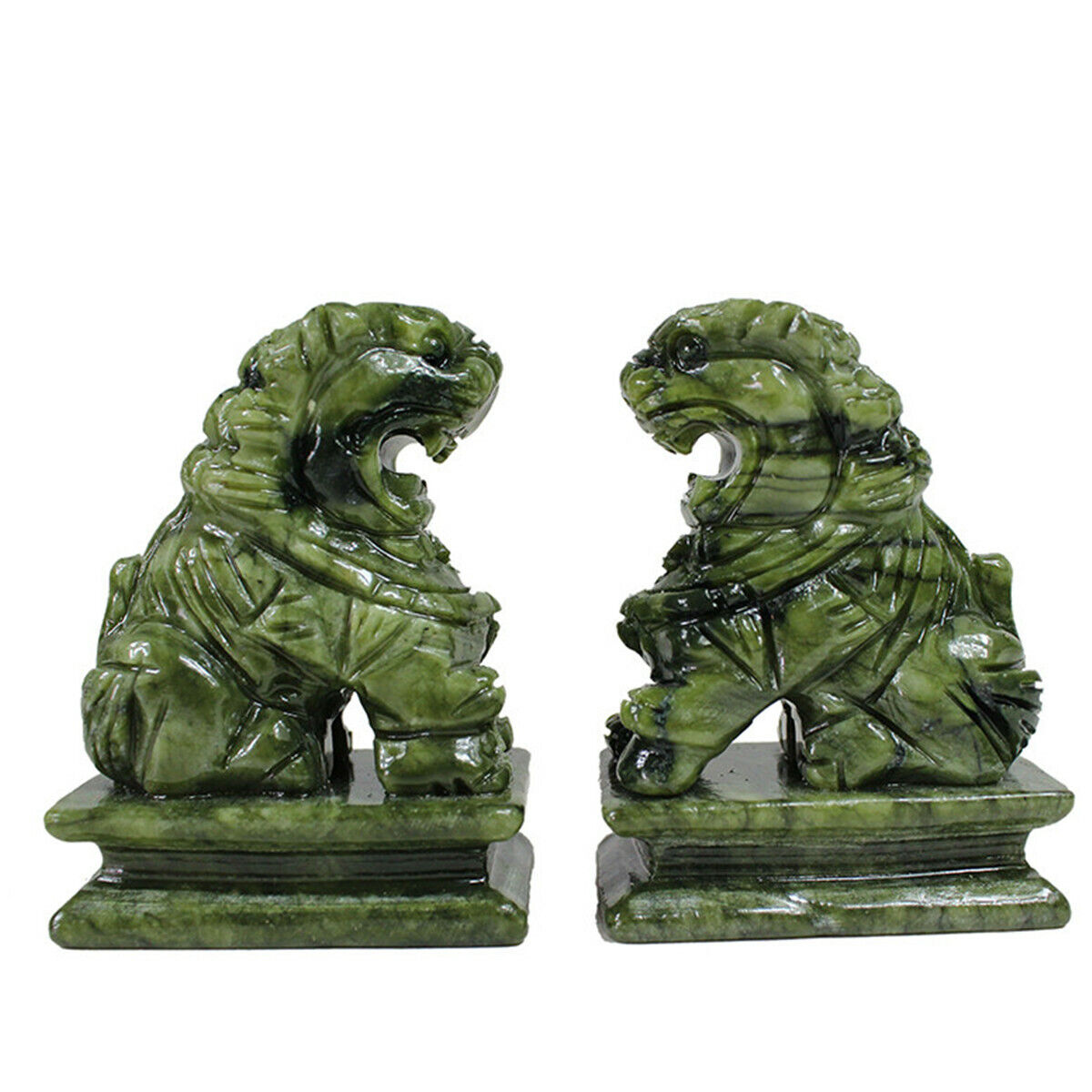 1 Pair China Green Jade Carved Fengshui Foo Fu Dog Guard Door Lion Office Decor