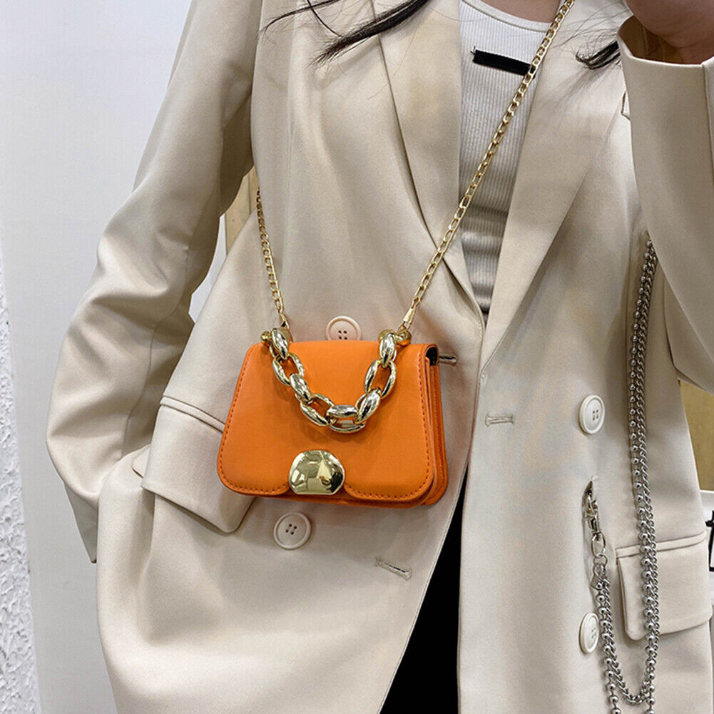 Designer Women Chain PU Leather Shoulder Bag Mini Square Handbag (Orange)