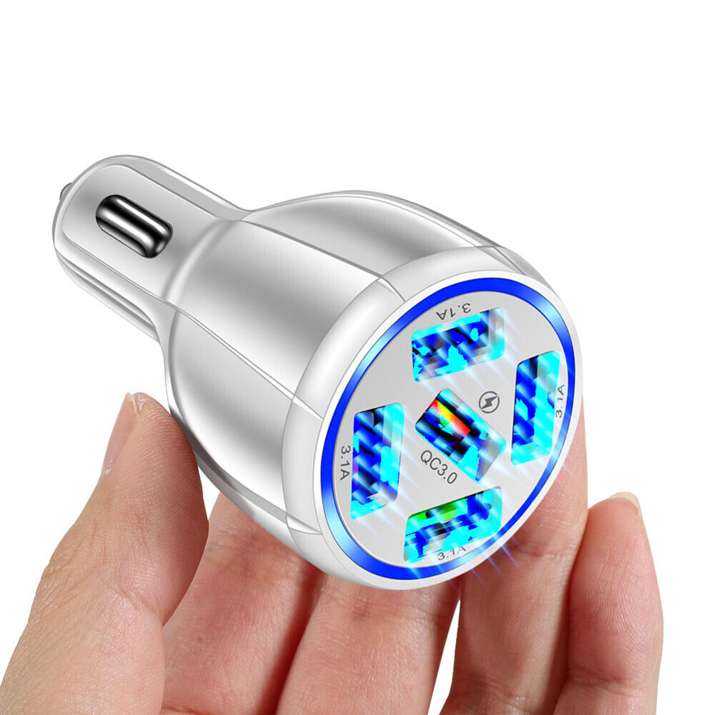 5USB QC3.0 Car Charger 3.1A Multi Ports Phone Fast Quick Charging (White)