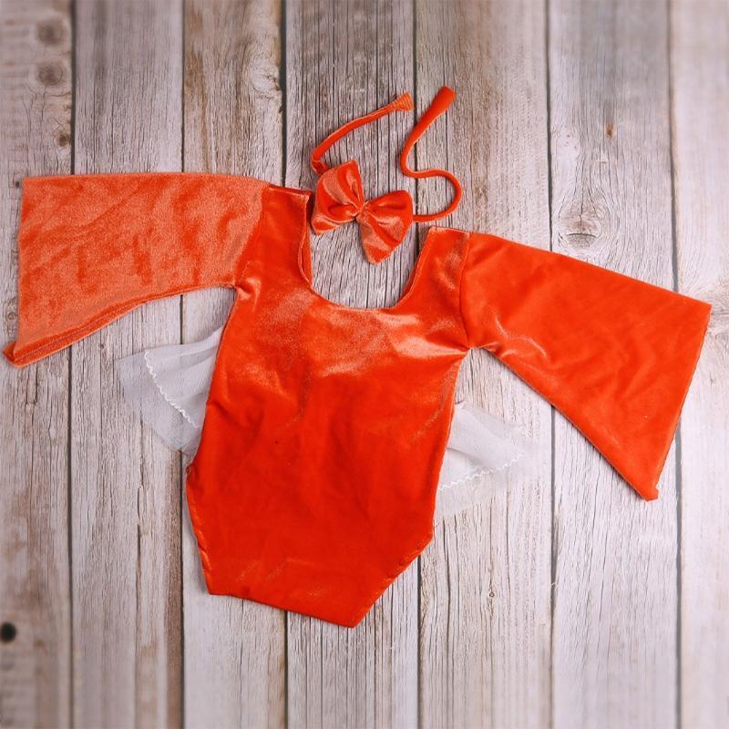 Newborn Baby Photography Clothes Soft Lace Neckline Velvet Romper Bow Hair Tie
