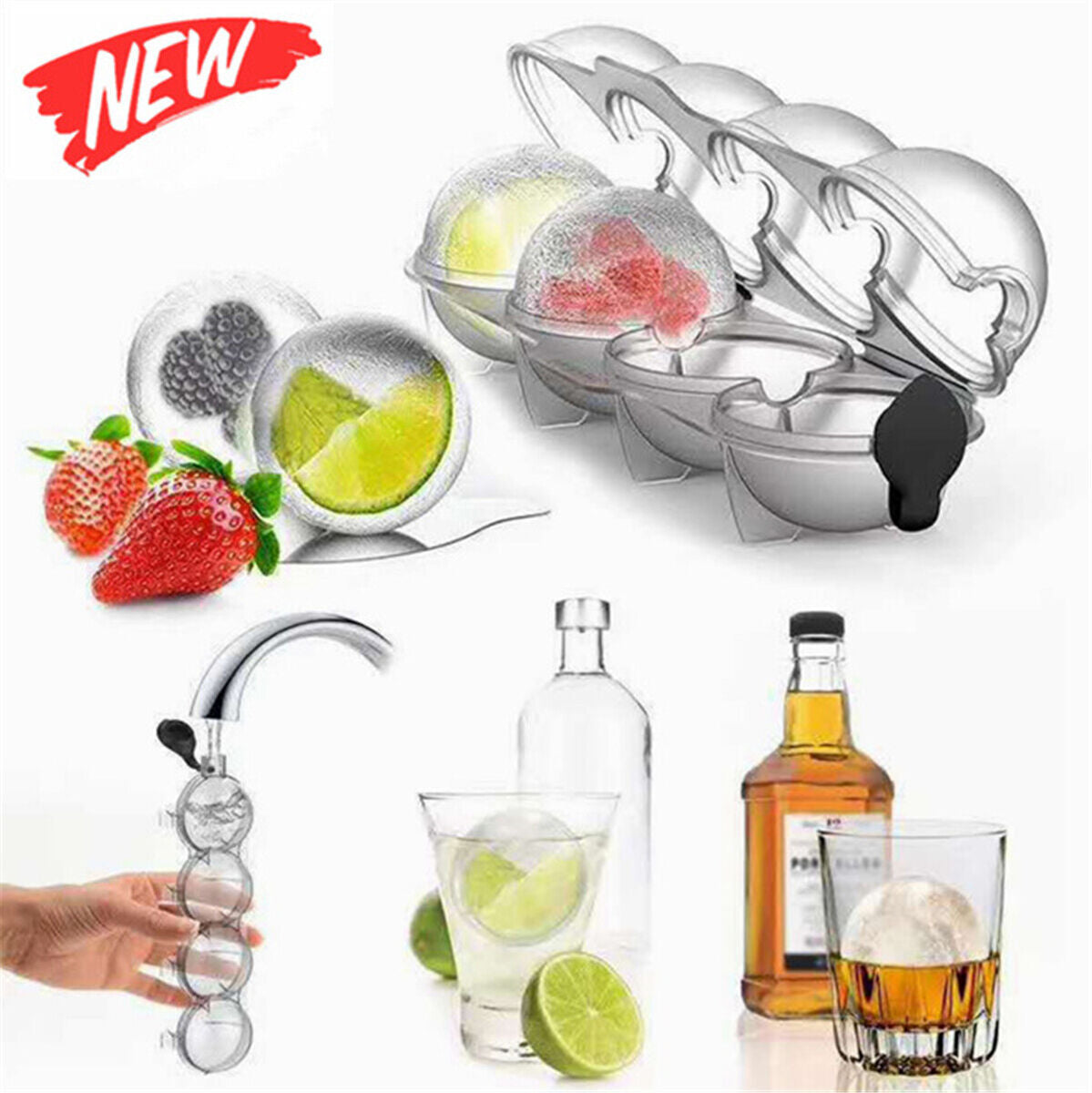 4 Large Ice Balls Maker Cube Tray Big Silicone Mold Sphere Whiskey Round Mould