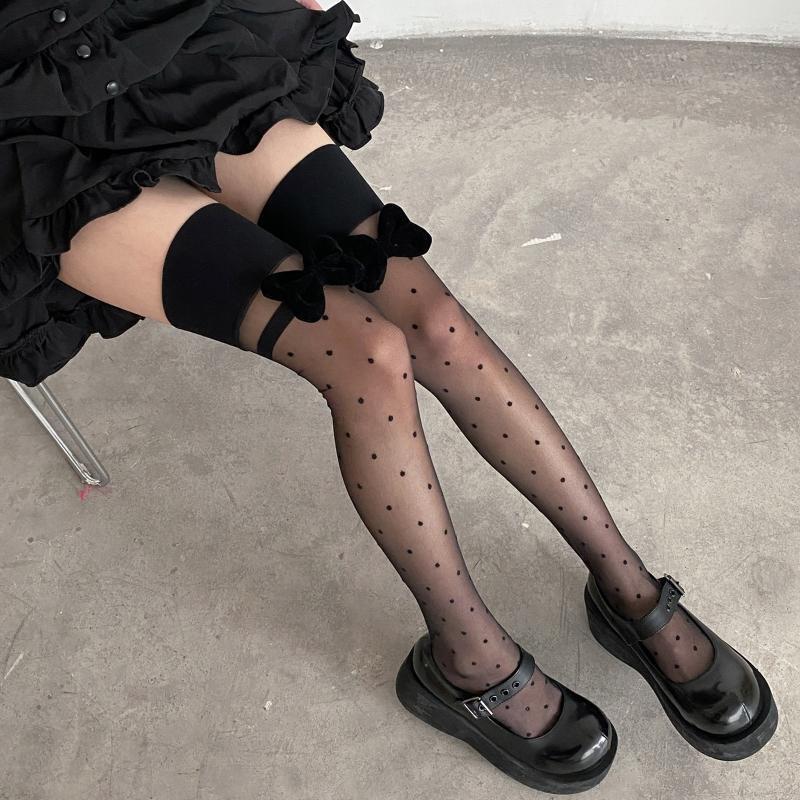 Women Lolita Sheer Thigh High Stockings Polka Dot Sweet Big Bow Over Knee Socks