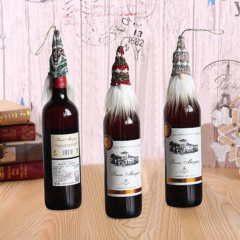 5Pcs Christmas Gnome Wine Bottle Topper Covers Xmas Knitted Hat Hanging Ornament