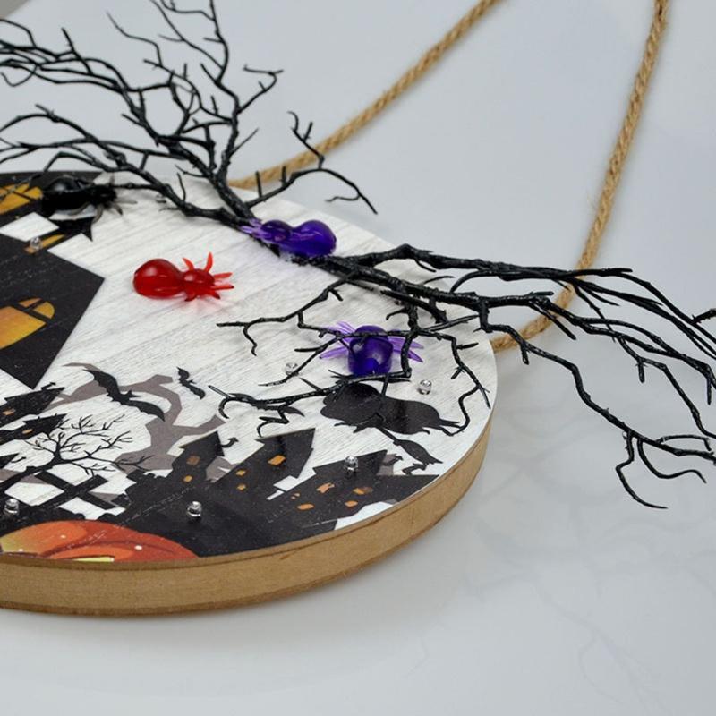Halloween Spider Hanging Door Sign with LED Light Wooden Wall Plaque Porch Decor