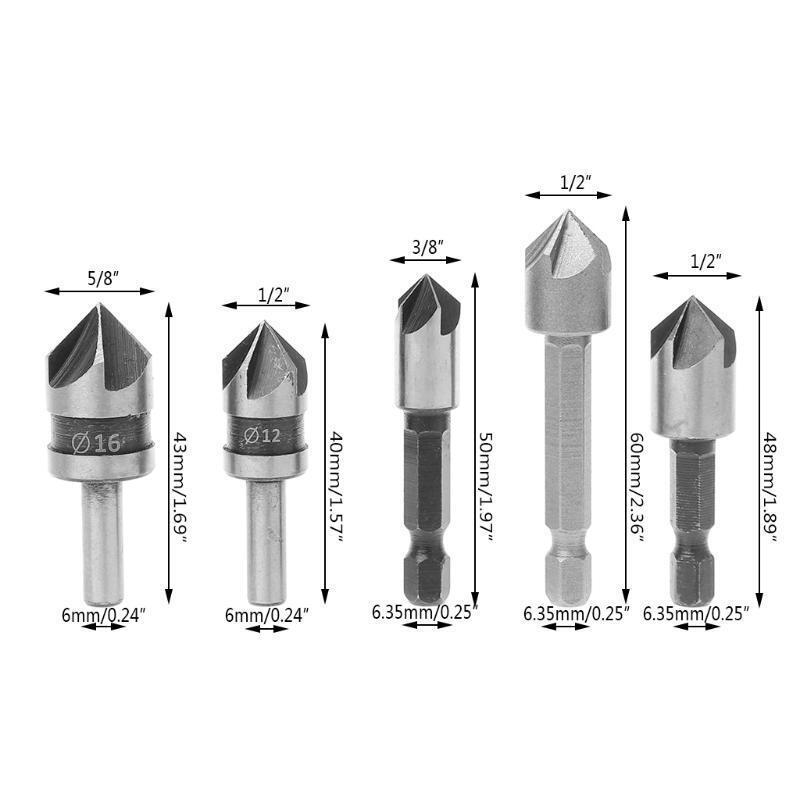 5Pcs 82 Degree Chamfer Angle HSS 5 Flute Countersink Drill Bit Set Tools