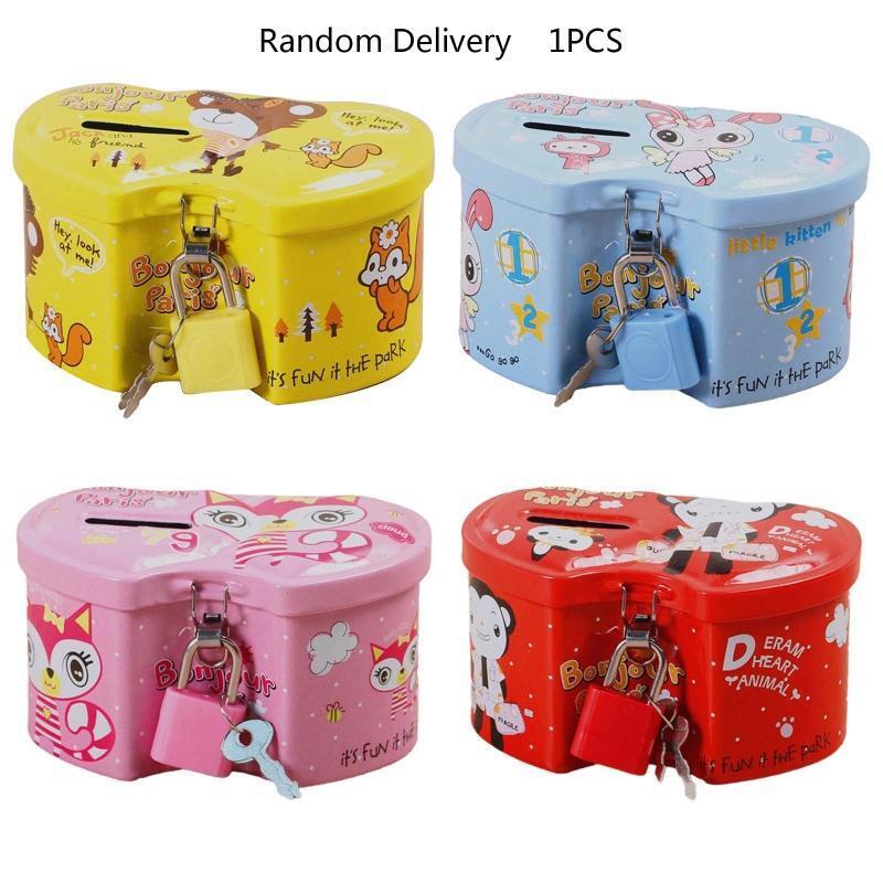 Small Double Heart Piggy Bank Metal Tinplate Coin Storage Box with Lock