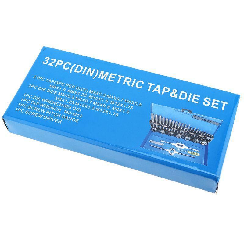 32pcs Metric Tap and Die Set Alloy Steel M3-M12 Wrench Screwdriver Drill Bits