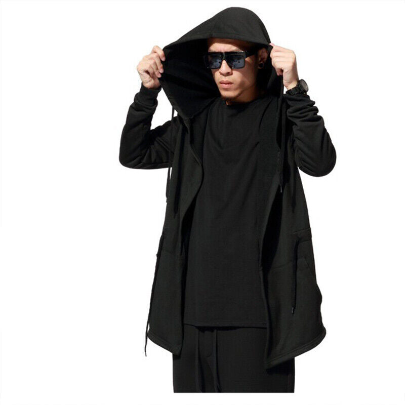 Men's Hooded long Sleeve Cloak Cardigan Outwear Casual Hoodies(Black)(3XL)-