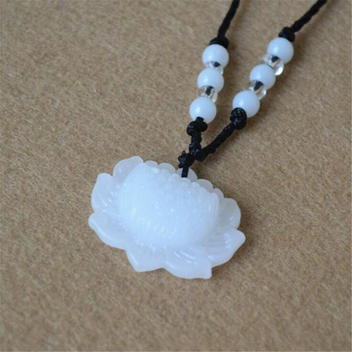 Natural White Jade Lotus Pendant Necklace Fashion Lucky Charm New