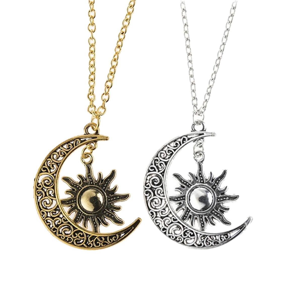 2Pcs Trendy Crescent Moon And Sun Necklace High Polished Jewelry for Women
