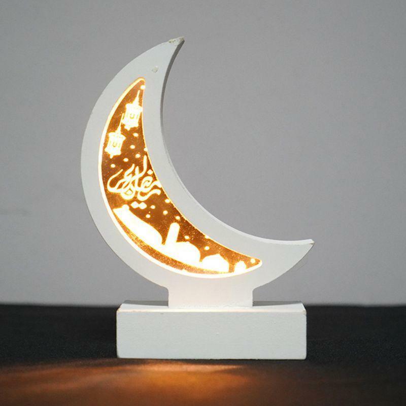 Ramadan Eid Mubarak Wooden Ornament Moon Lamp LED Night Light Islam Mosque