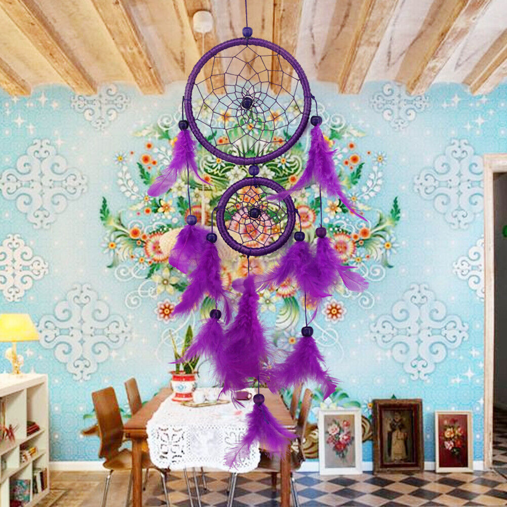 Double Ring Purple Feather Dream Catcher Wall Hanging Home Car Decor Craft