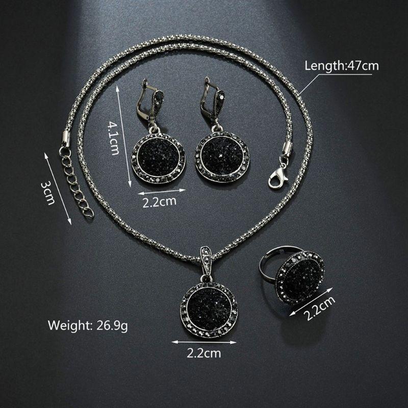 1 Set Black Round Rhinestone Necklace Earrings Ring Wedding Jewelry Sets Women