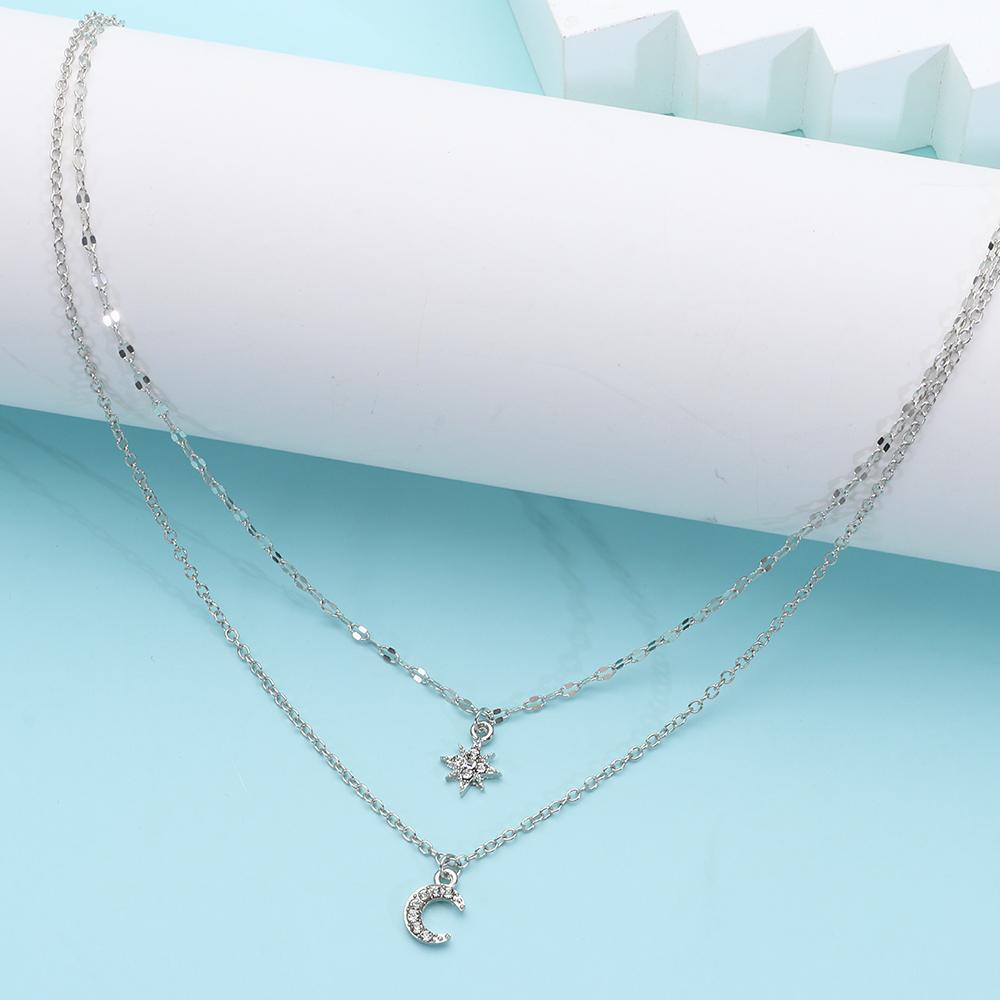 Double Chain Star Moon Necklace Sparkling Charm Clavicle Chain Pendant Choker
