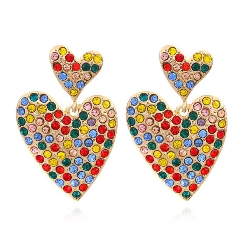 Fashion Double Heart Stud Earrings Rhinestone Alloy Punk Statement Jewelry Gift