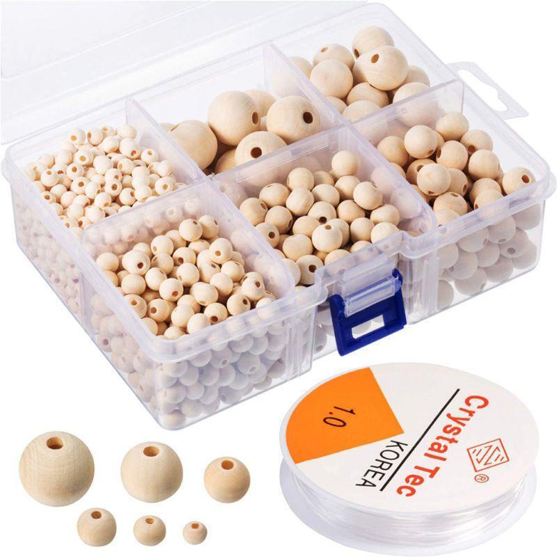 1105Pcs 6 Sizes Wooden Beads Natural Round Wood Beads Kit Jewelry Craft Making