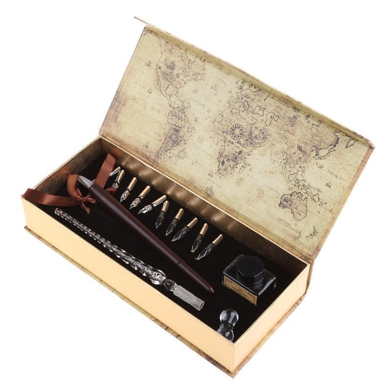 1set Nibs Wooden Dip Pen Set Glass Calligraphy Pen Set for Cartoon Lettering Art