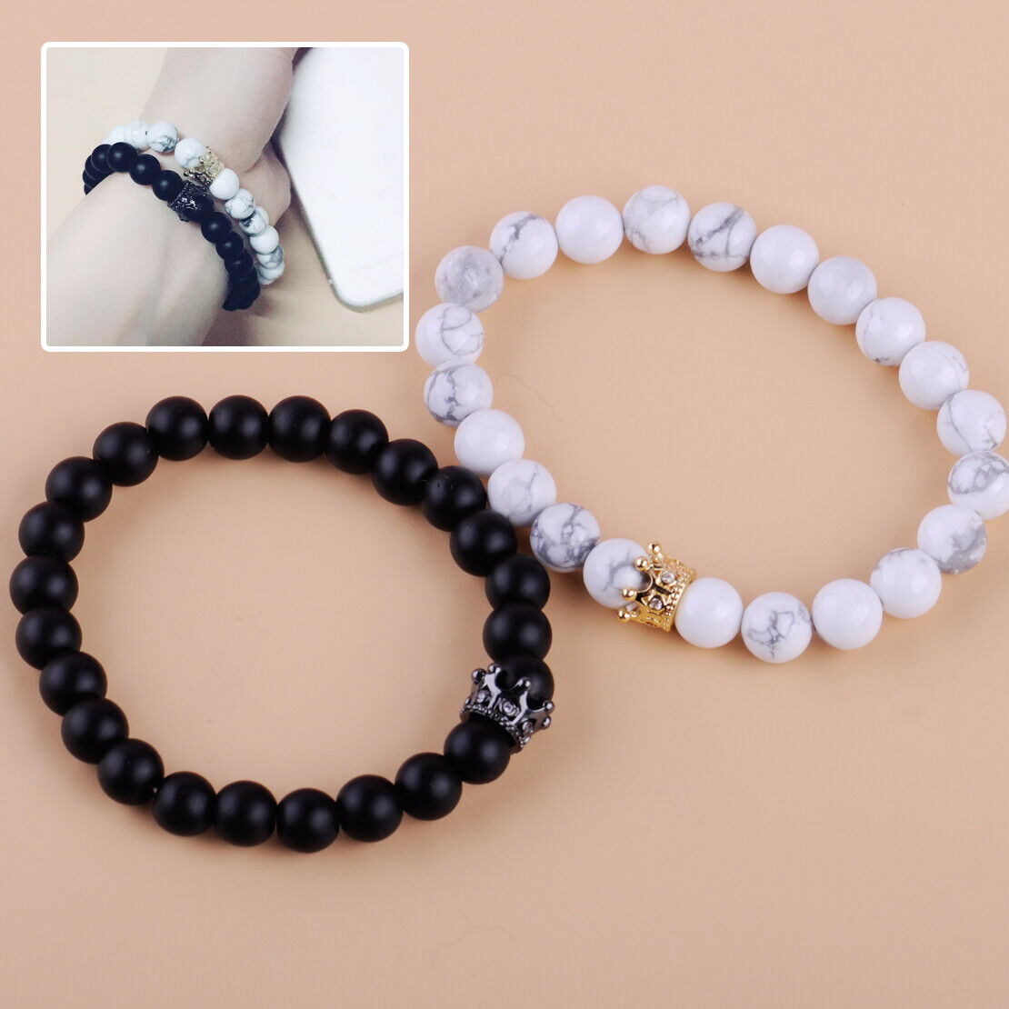 2 Howlite Charm Couple Handmade King Queen Bracelets Matte Beaded Crown Lover Li