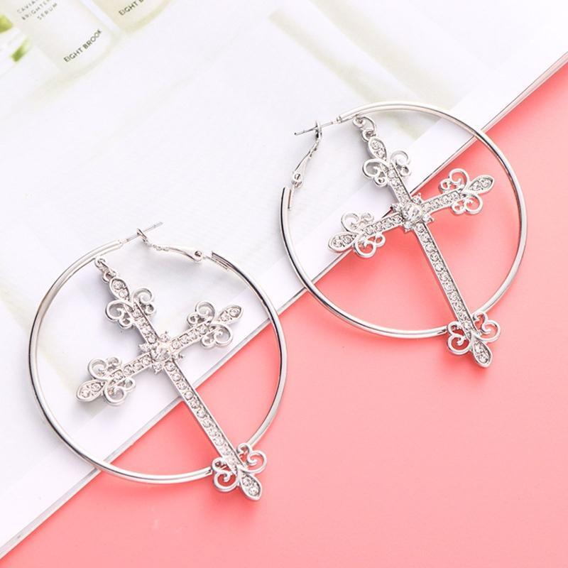 European American Metal Geometric Cross Circle Earrings Net Celebrity Jewelry