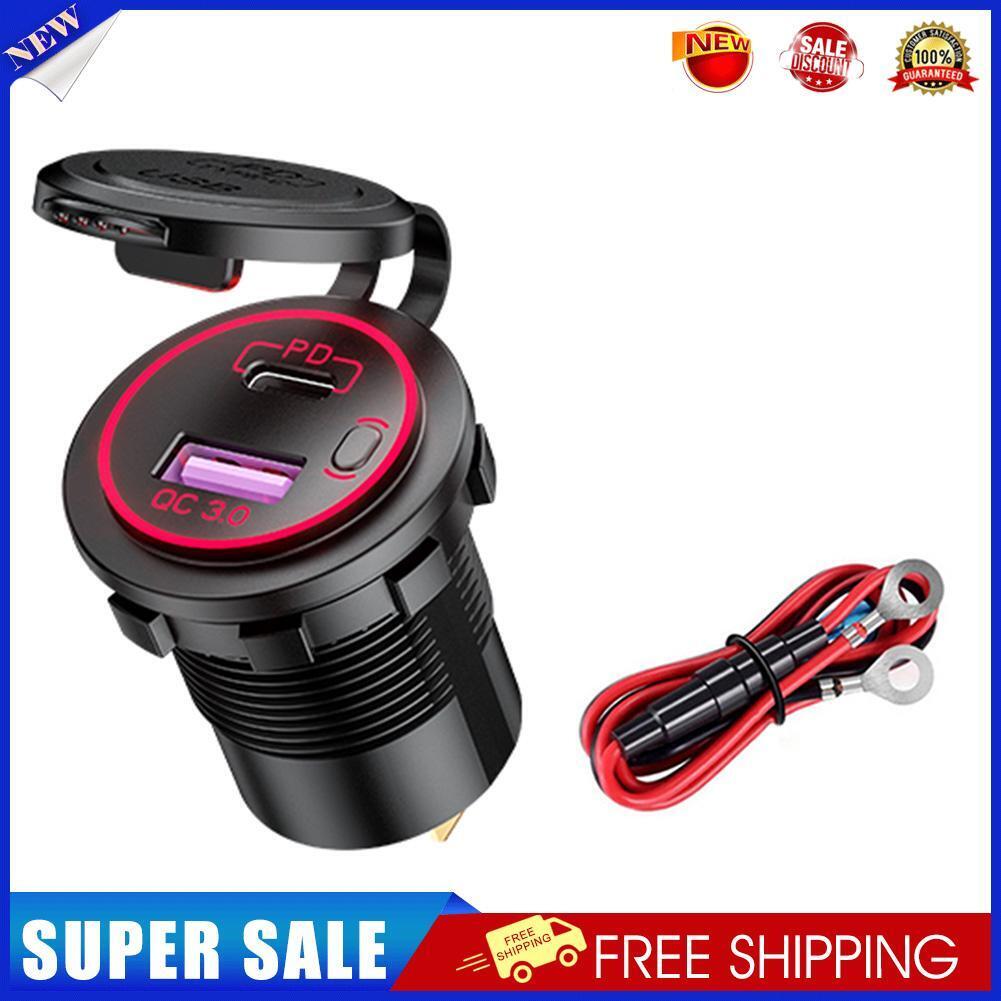 Car Boat Dual USB Charger PD + QC 3.0 USB Charger Socket + Wires (Red)