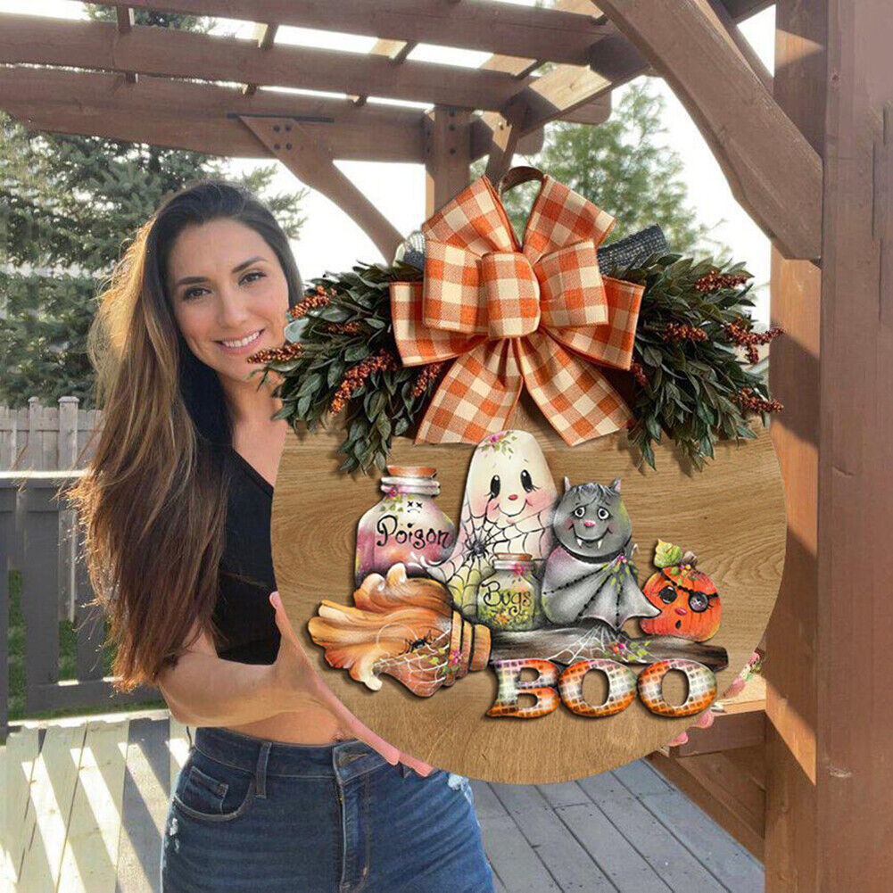 Halloween Pumpkin Bow Wreath Hanging Wooden Door Autumn Garland Pendants