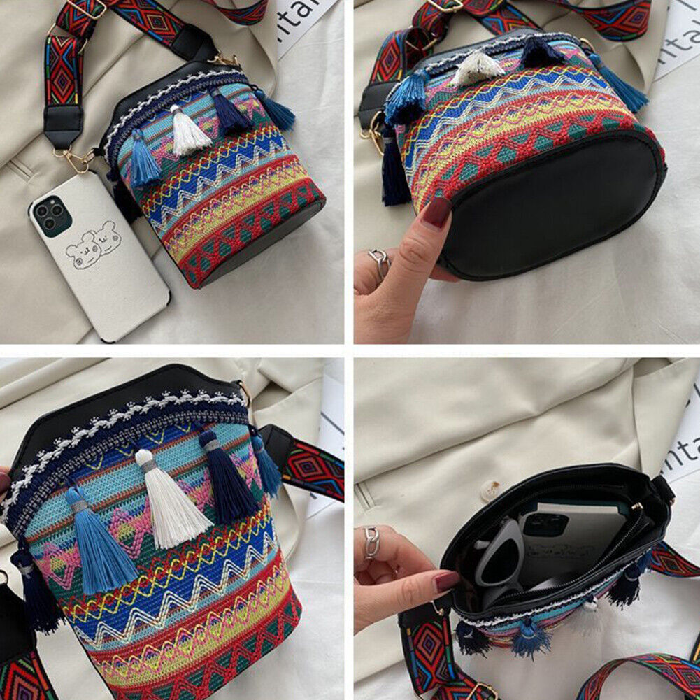Ethnic Women Crossbody Bag Woven Tassels Small Bucket Handbags (Black)
