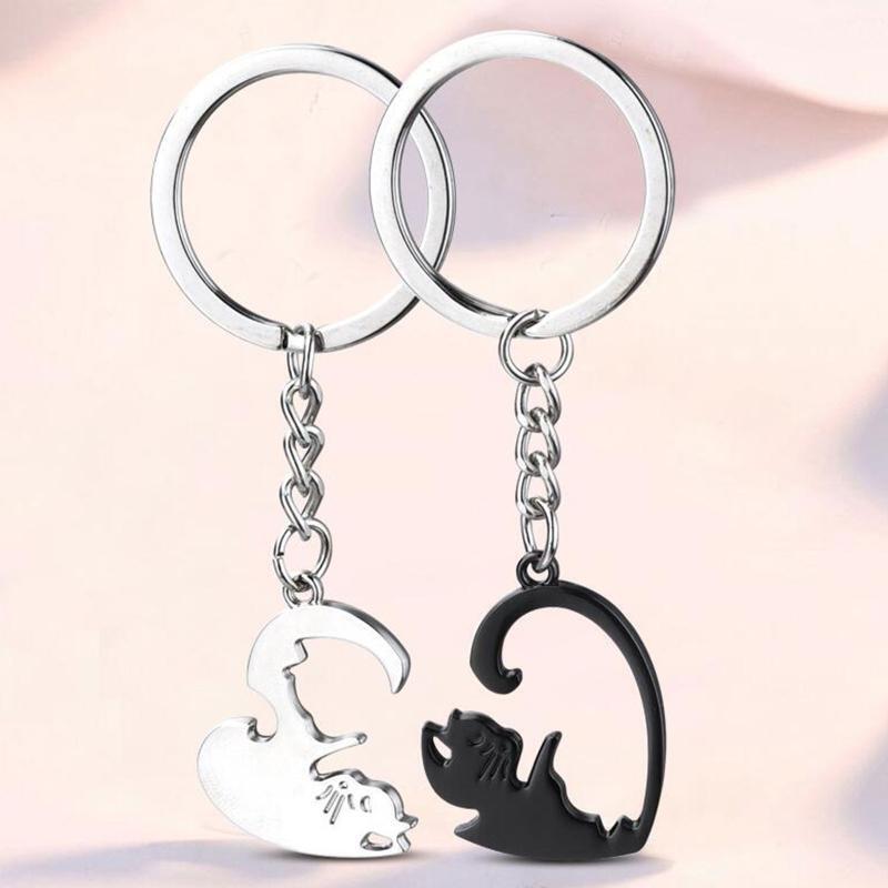 Couple Keychain Cute Black White Matching Puzzle Cat Animal Pendant Keyring Gift