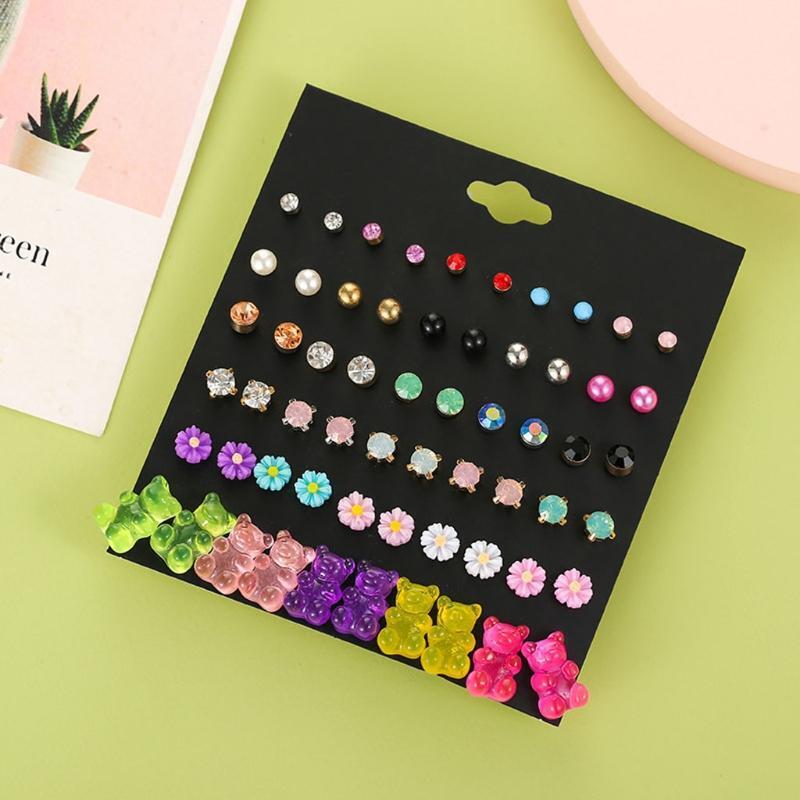 30 Pairs Colorful Cute Bear Flower Crystals Stud Earrings Set for Little Girls