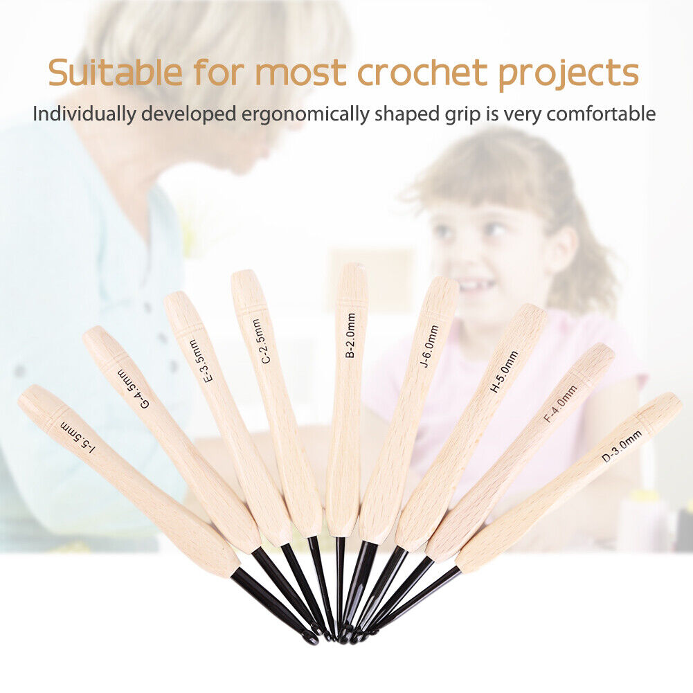 9pcs Wooden Crochet Hooks Knitting Needles Set 2-6mm Crochet Sewing Craft