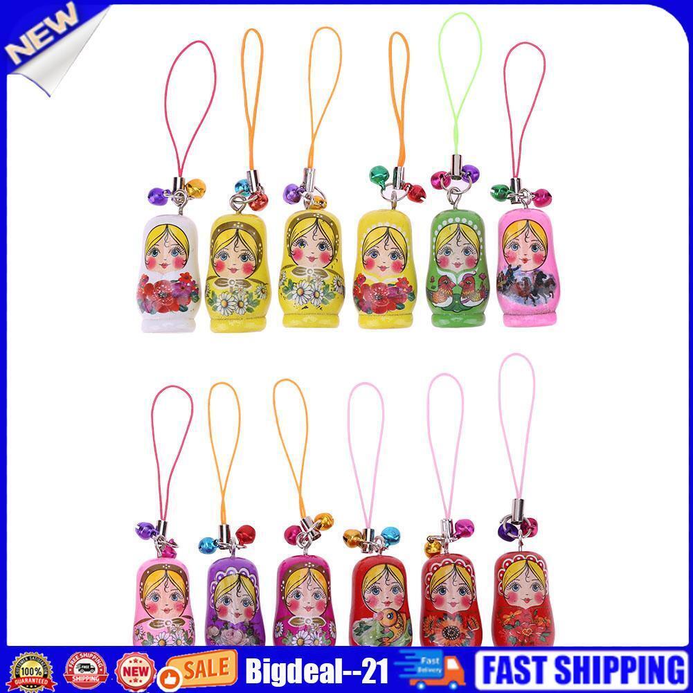 12pcs Creative Wooden Russian Matryoshka Keychain Car Handbag Ornaments