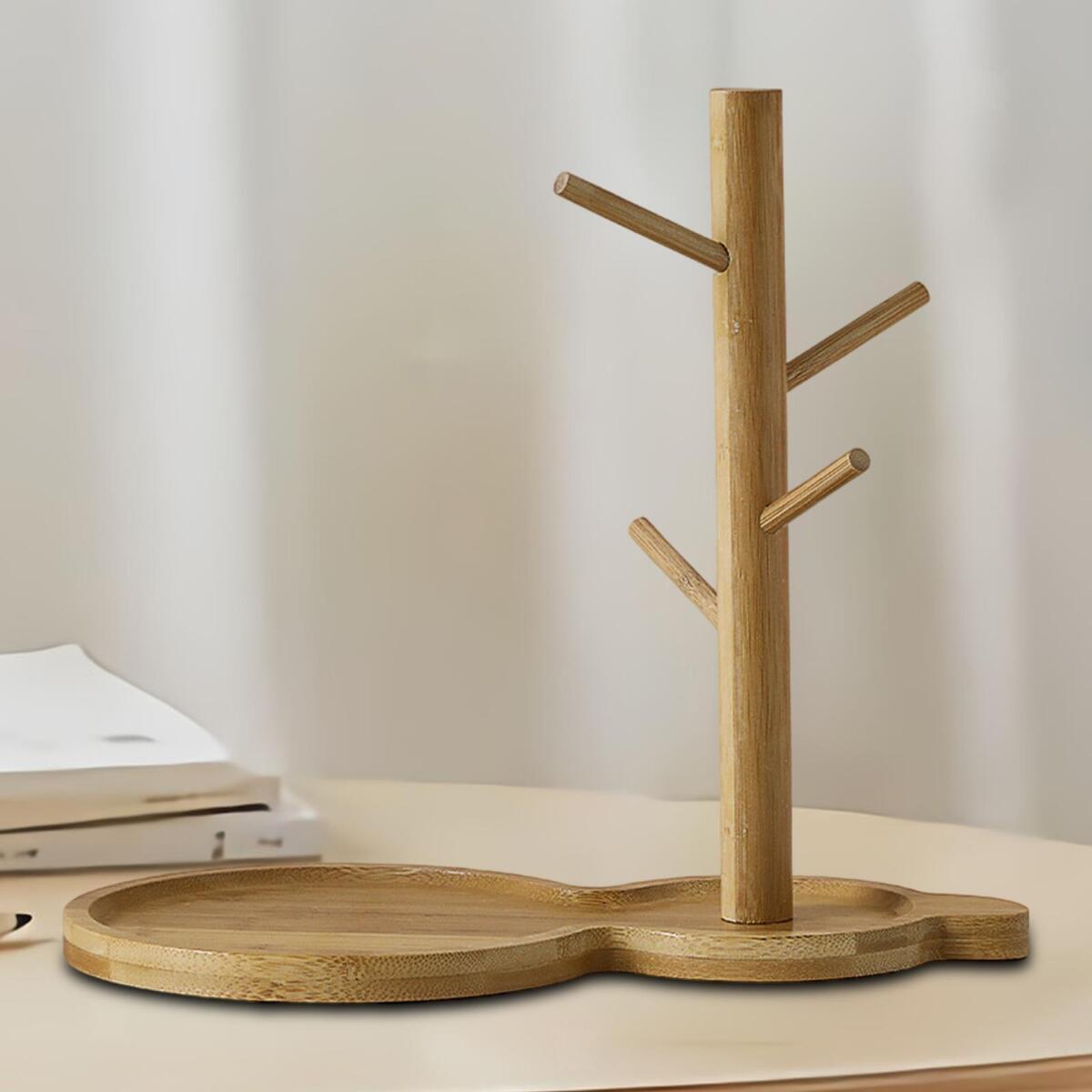Wooden Tree Cup Holder with 4 Hooks Jewelry Hair Tie Organizer Dish Drying Rack