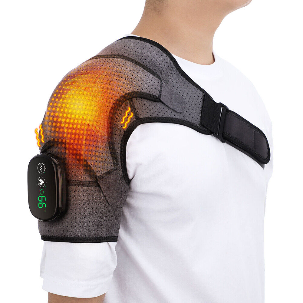 Heating Vibration Massage Shoulder Brace Therapy Support Belt (Grey Black)