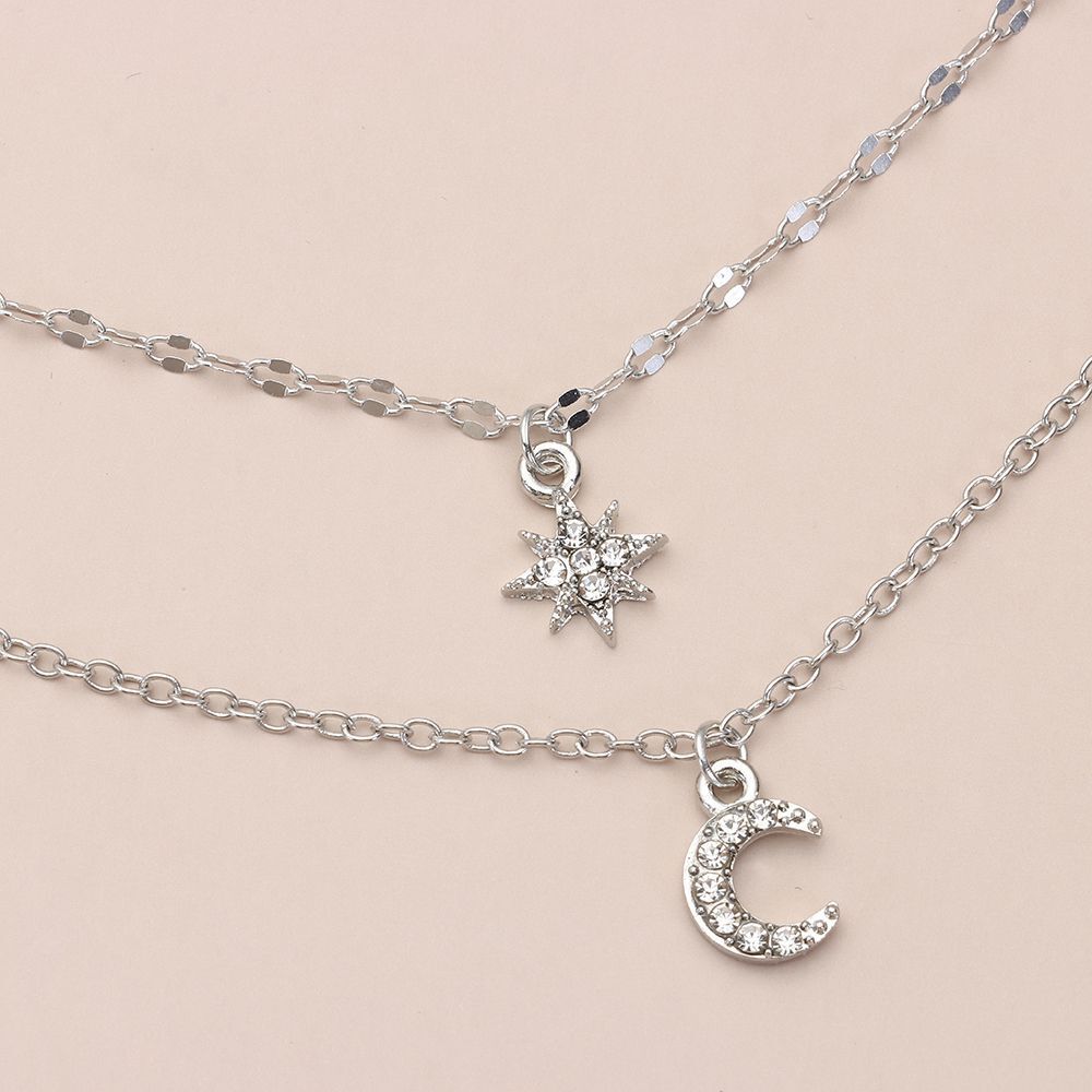 Double Chain Star Moon Necklace Sparkling Charm Clavicle Chain Pendant Choker