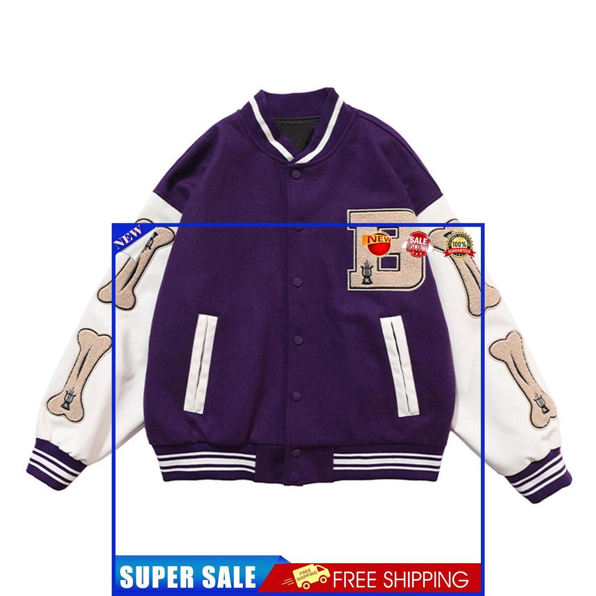 Letter Embroidered Jacket Leather Thick Baseball Uniform Coat (Purple 3XL)