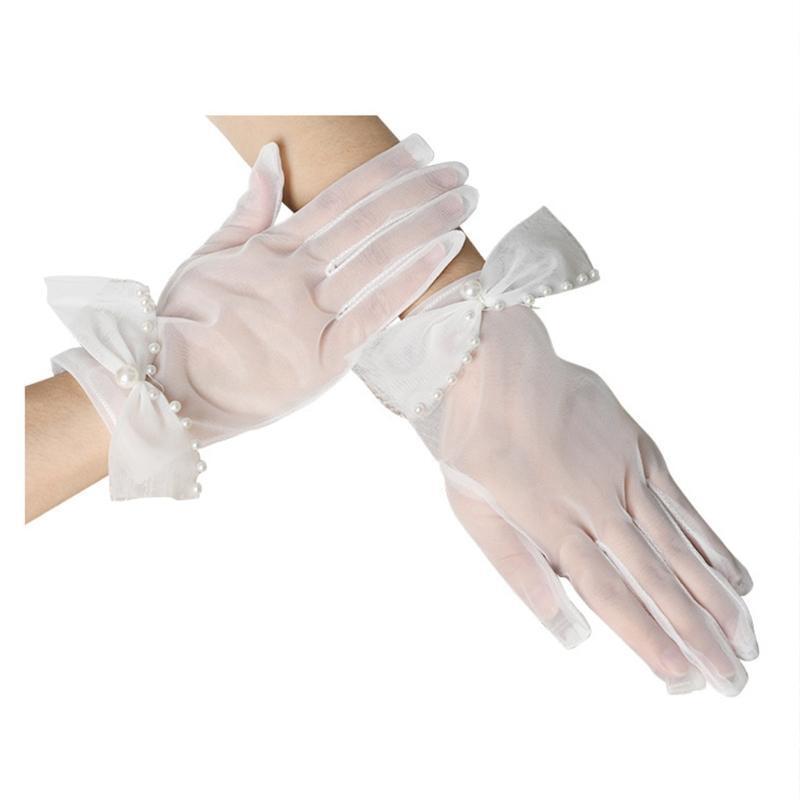 Wedding Gloves Wrist Length Sheer Short White Tulle with Bows Embellishment