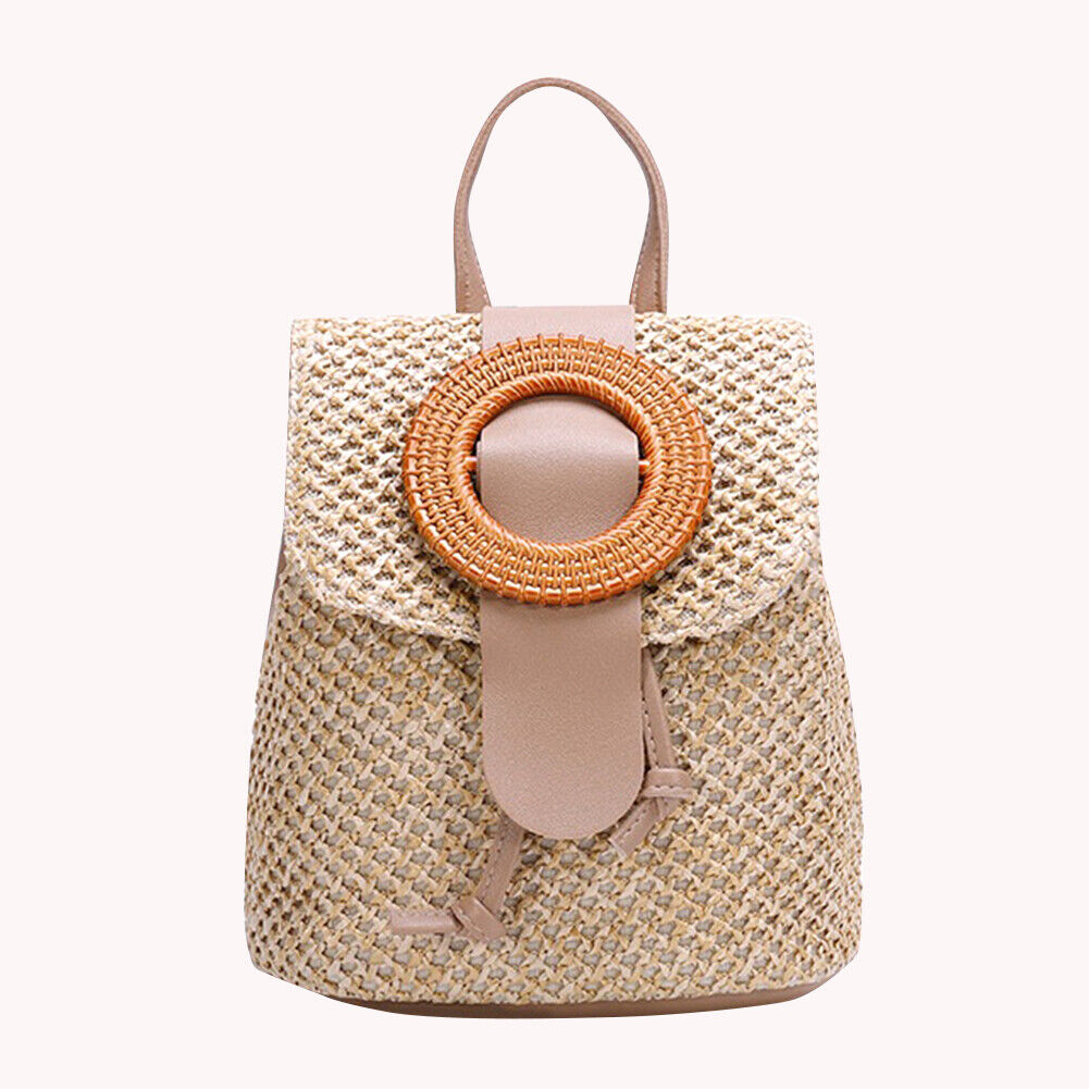 Straw Bucket Backpack Women Summer Beach Travel Drawstring Shoulder Bags