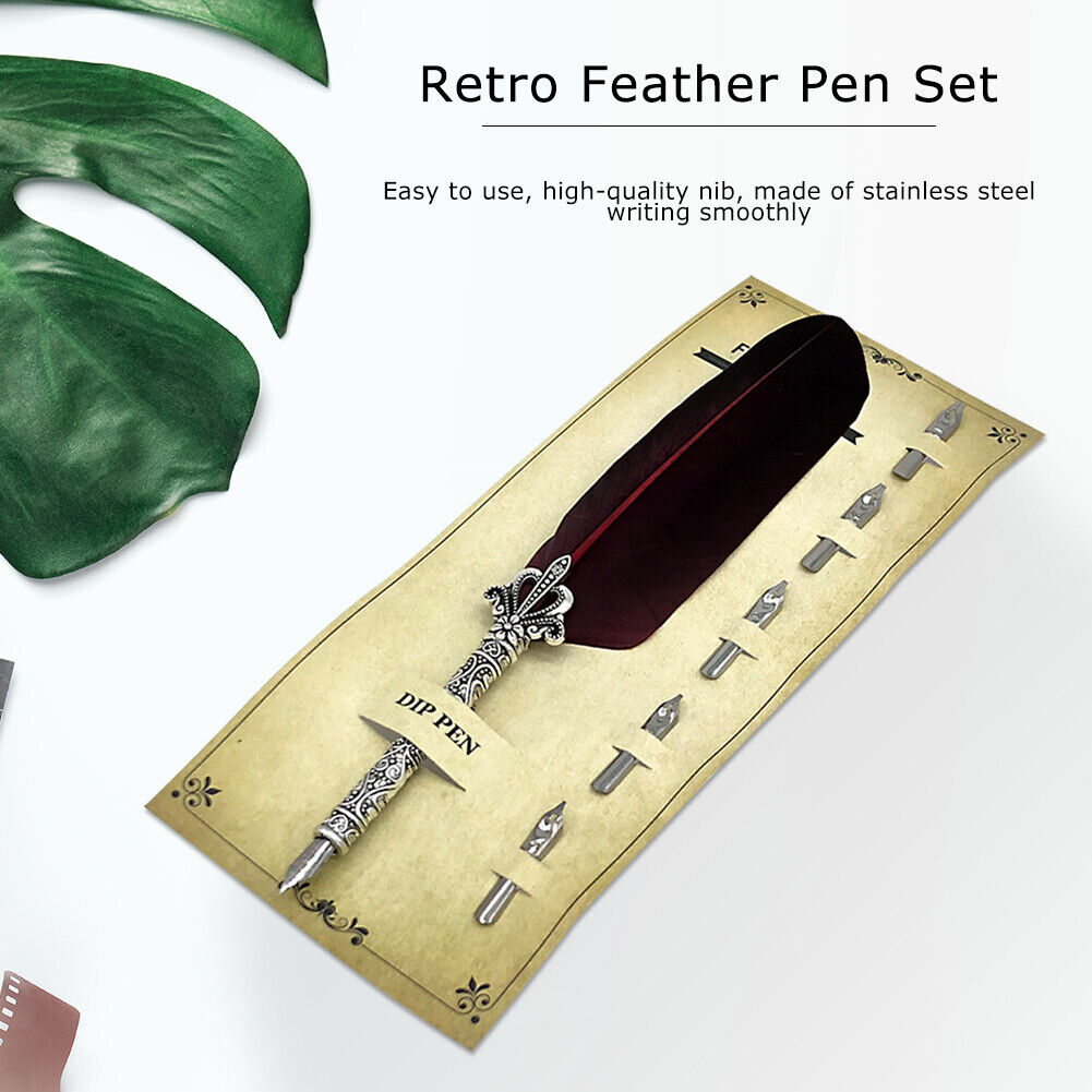 Calligraphy Feather Dip Pen+5 Nib Writing Quill Fountain Pen (Wine Red)