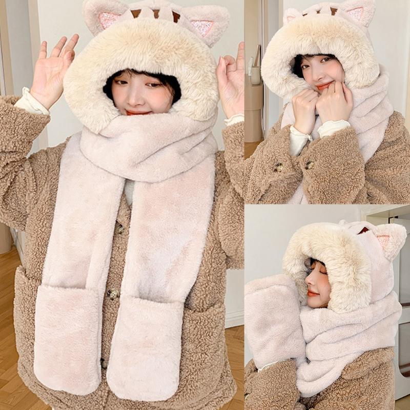 One Piece Scarf Plush Scarf Hooded Hat Winter Hat Scarf Gloves Set Fleece Warm