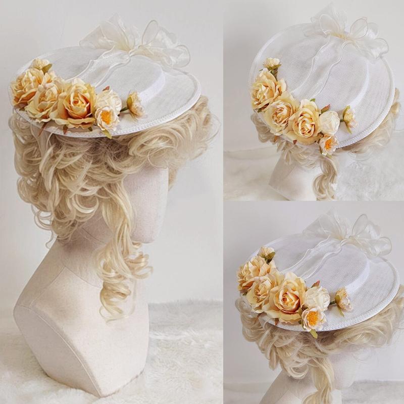 Lolita Flat Top Hat Sweet w/Light Yellow Flowers All-match for Girl Women Accs
