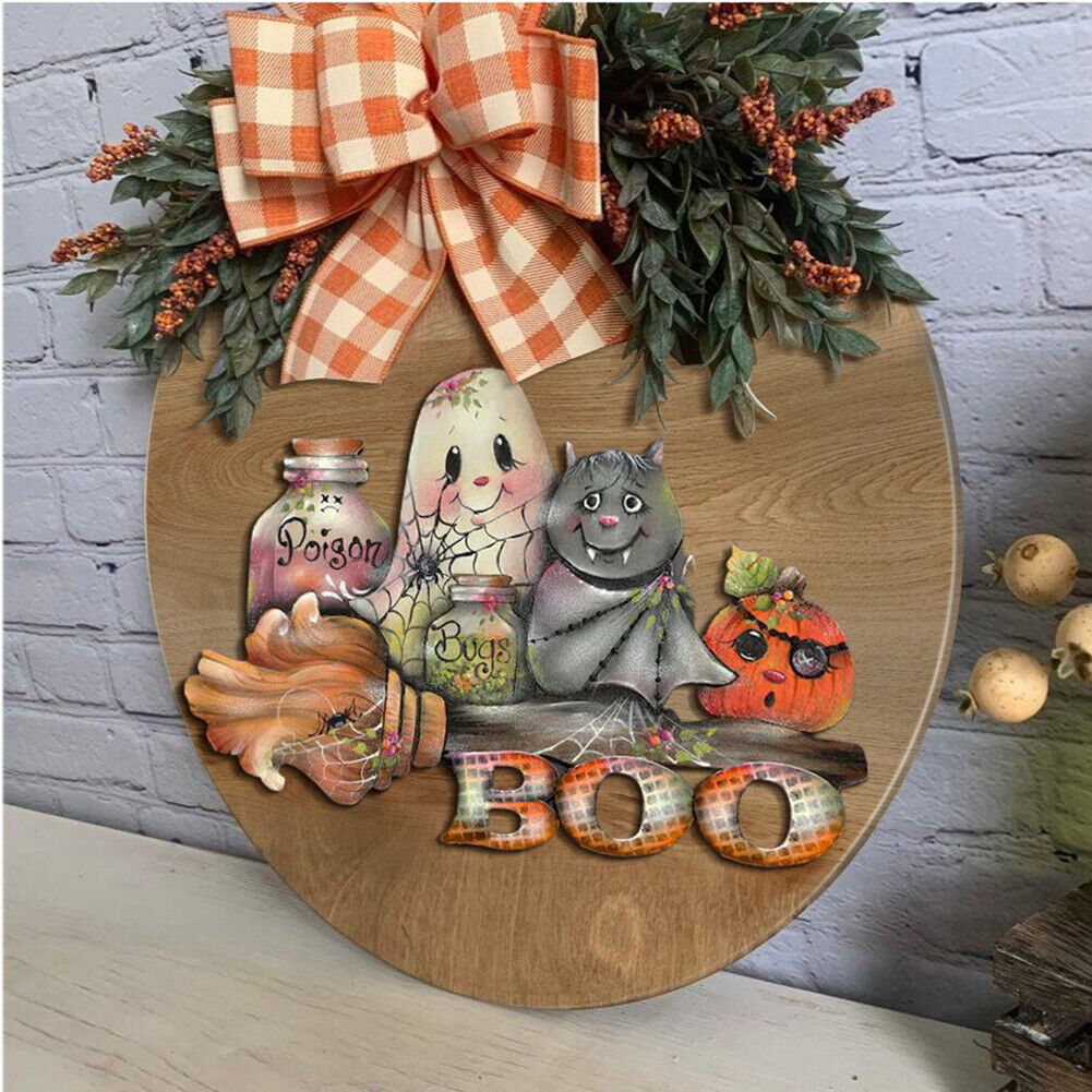 Halloween Pumpkin Bow Wreath Hanging Wooden Door Autumn Garland Pendants