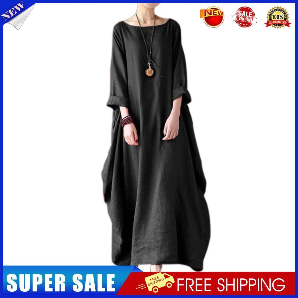 Plus Size Batwing Sleeve Rope Pure Color Linen Women Maxi Dress (Black 2XL)