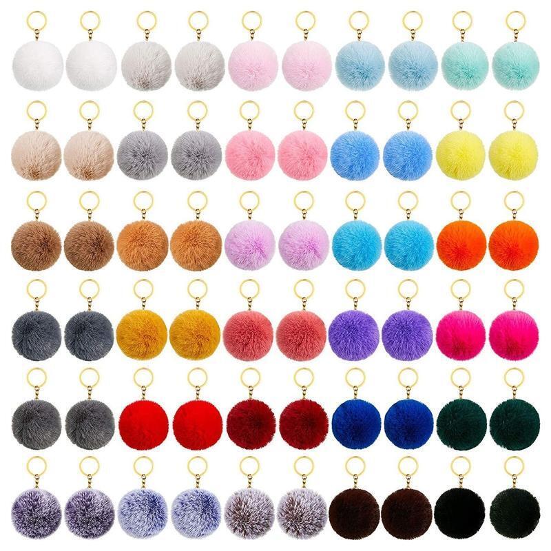 50 Pcs Pom Pom Fluffy Keyrings Soft Plush Charm Keyring Colorful Keychain Ball