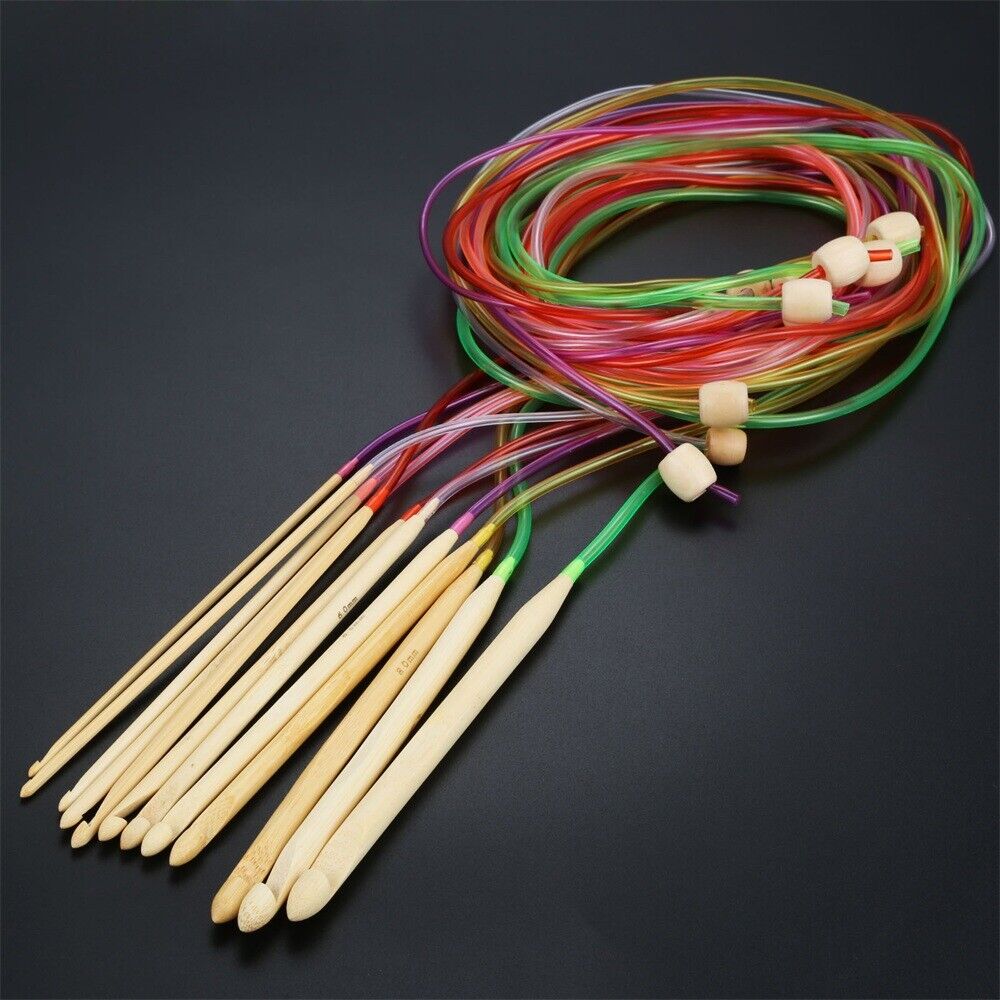 12pcs Bamboo Multicolor Afghan Tunisia Crochet Hooks DIY Knitting Needles 3-10mm