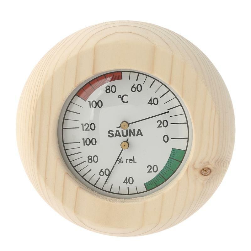 Solid Wood Grain Hygrothermograph Round Thermometer & Hygrometer Sauna Room Use