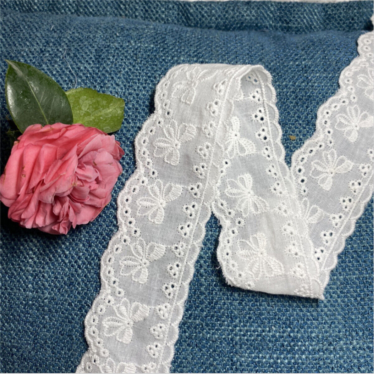 White Cotton Embroidered Flower Lace Trim Ribbon Fabric DIY Craft Clothes Sewing