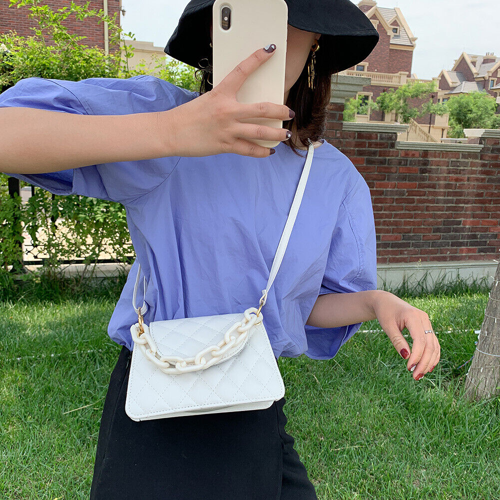 Women Candy Chain Crossbody Bag PU Shoulder Female Travel Handbag (White)